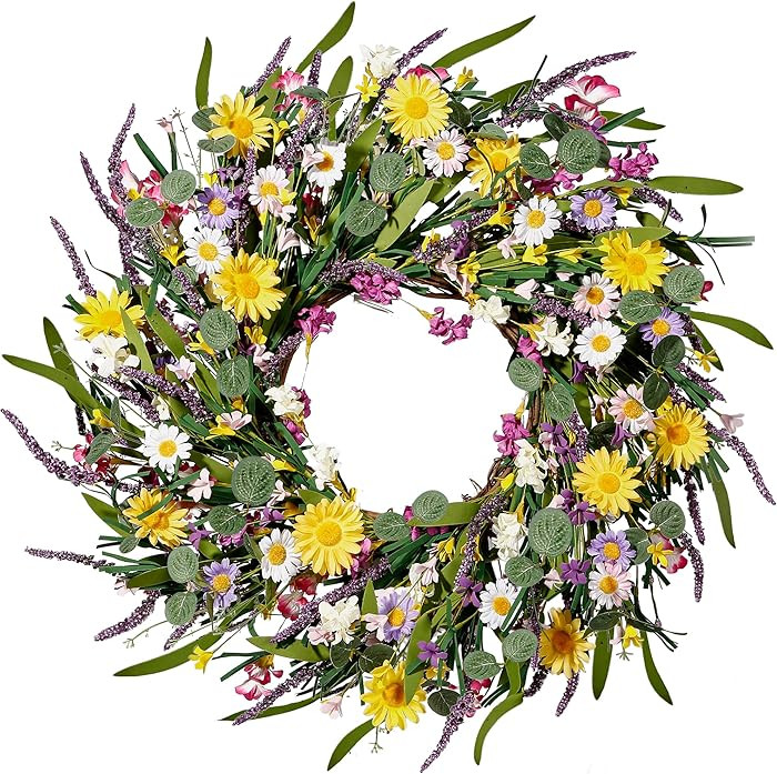 Sggvecsy Daisy and Lavender Wreath 24’’ Wildflower Wreath Spring and Summer Artificial Spring... | Amazon (US)