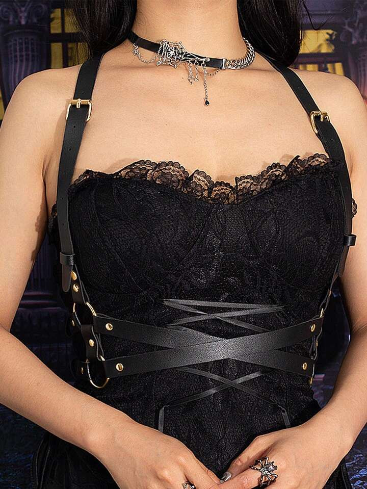 1pc Women Sexy Gothic-Style Black Double-Buckle Cross-Back Strap With Gold Buckles, Suitable For ... | SHEIN