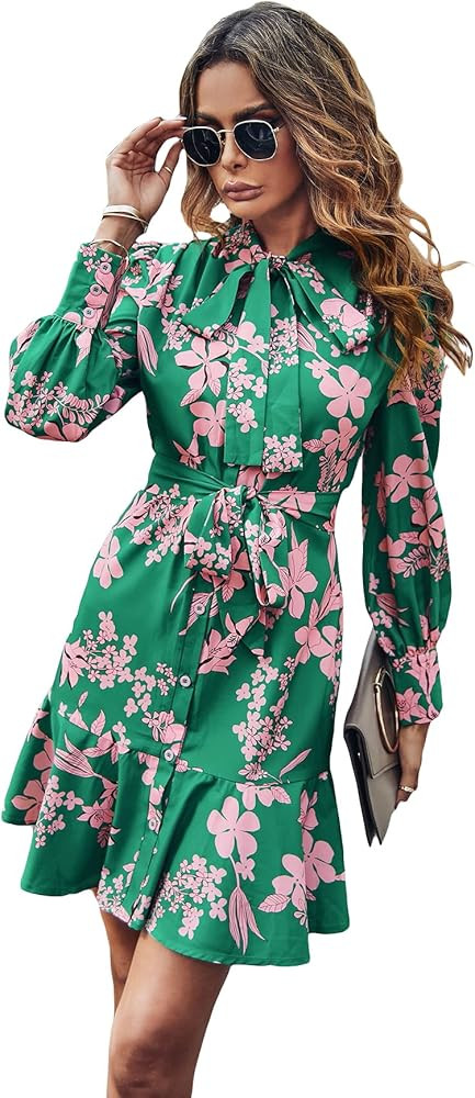 MakeMeChic Women's Floral Long Sleeve Tie Neck Button Front Ruffle Hem Short Dress with Belt | Amazon (US)