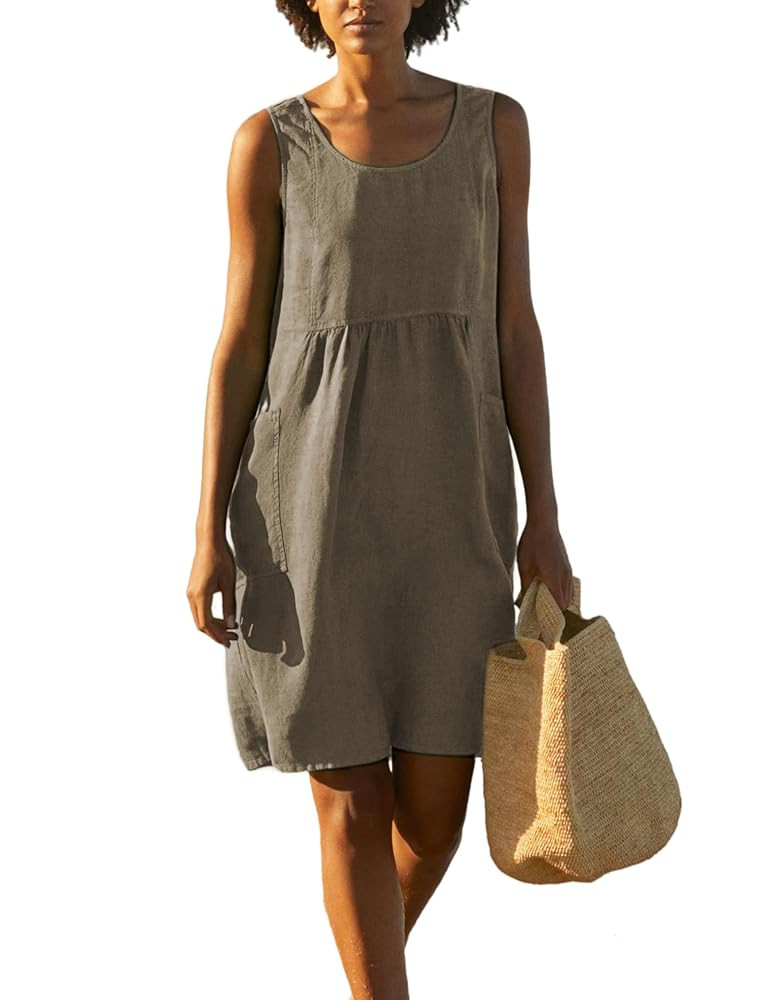 Watashi Women Summer Sleeveless Dress Casual Cotton Linen Sundress Midi Tunic Tank Beach Dress wi... | Amazon (US)