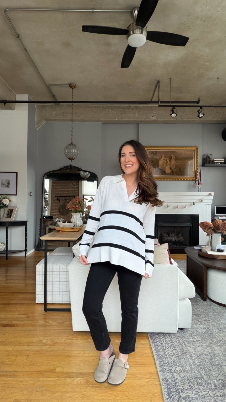 Cozy white and black striped sweater from Seraphine at NEXT @nextofficial @seraphinematernity 

Use my code SHELBI10 for 10% off 

I’m wearing a size 4 or M in all! 

#LTKBump #LTKBaby #LTKootd