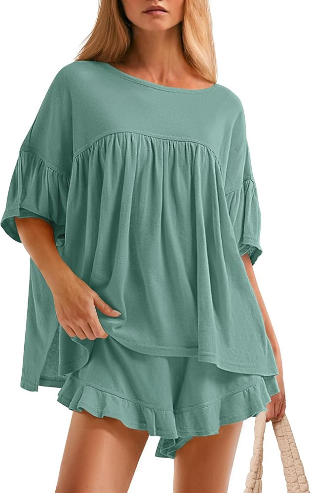 ZESICA Women's Summer 2 Piece Outfits 2025 Ruffle Short Sleeve Tops and Shorts Casual Loose Overs... | Amazon (US)