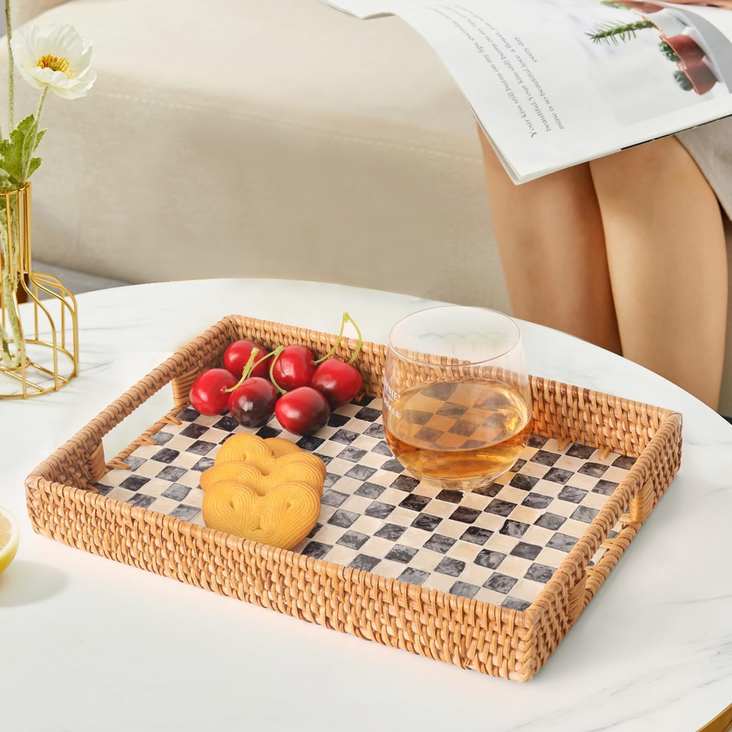 Amazon.com: Tynulox Rectangle Rattan Tray with Mother of Pearl Inlay, Rattan Serving Tray with Ha... | Amazon (US)