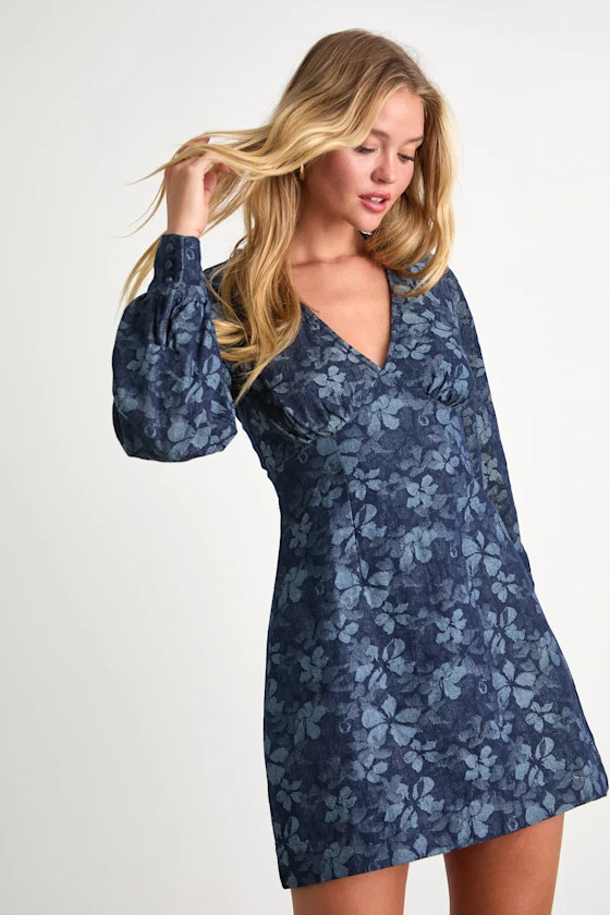 Darling Girl Dark Blue Floral Denim Long Sleeve Mini Dress | Lulus