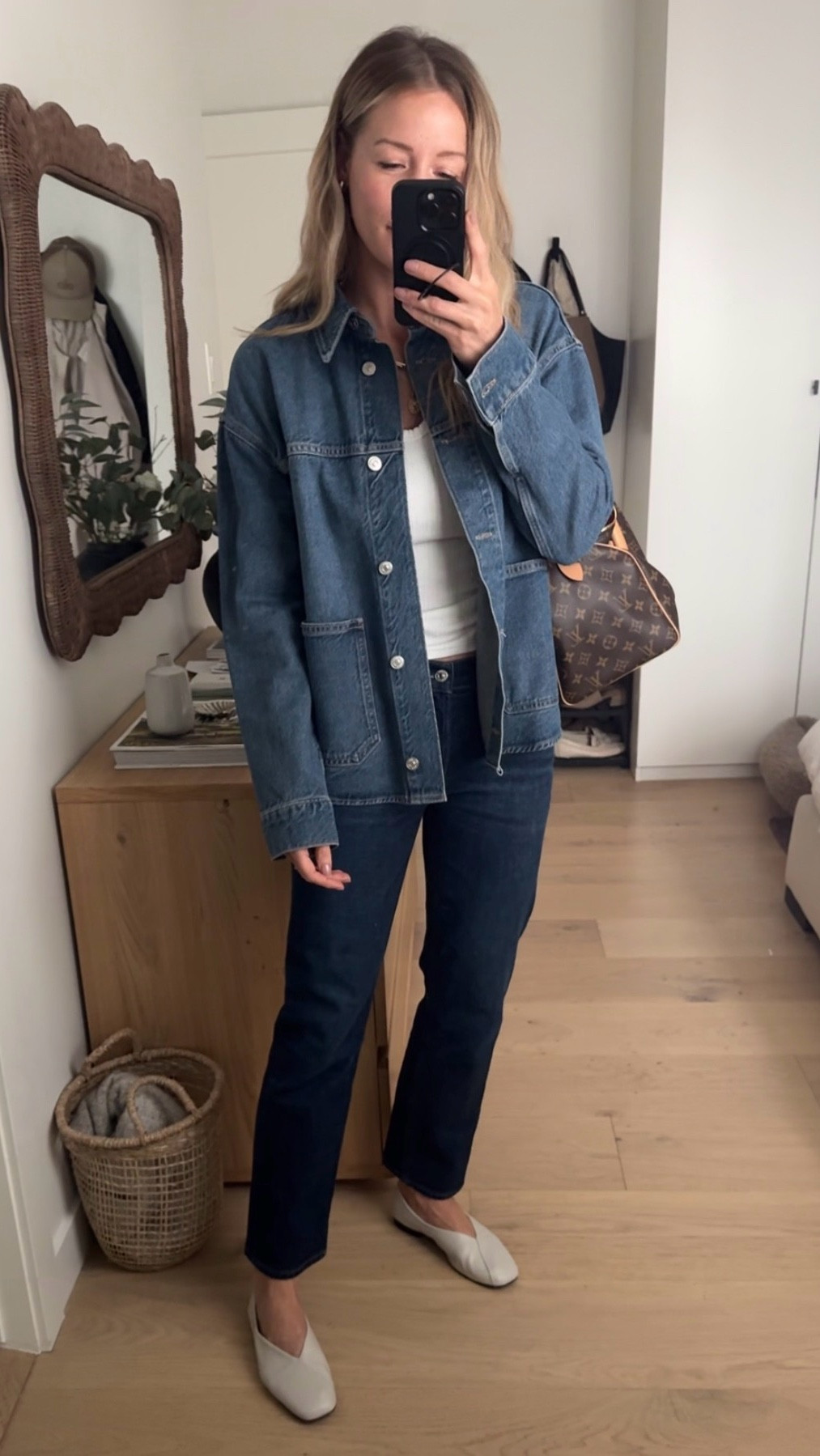 Simple and casual double denim outfit for church. So excited to finally have the weather to wear these incredibly comfy Poppy Barley Marché Flats (use code “STYLEYOUROCCASION-25” for $25 off!), also love these Citizens of Humanity Anissa jeans (wearing 25, sized down). 

#LTKootd #LTKSeasonal #LTKOver40