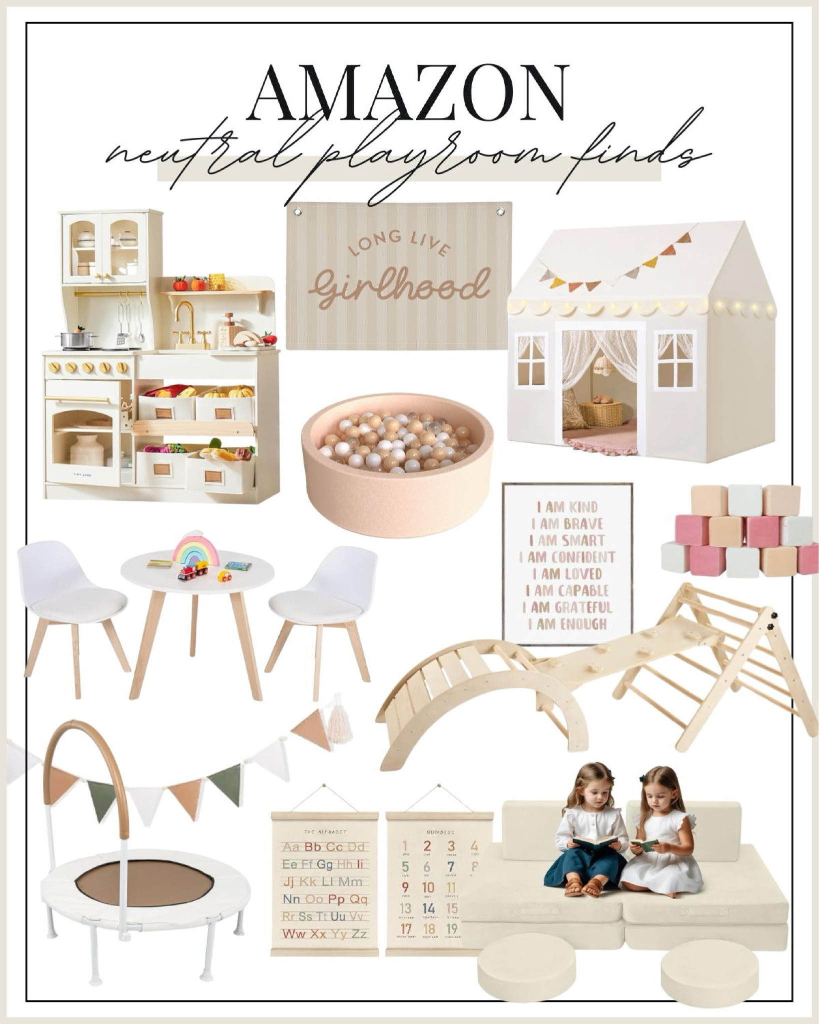 Amazon Neutral play room - neutral playroom - Amazon playroom decor - boho playroom toys - Aesthetically pleasing play room – gender neutral playroom – boho nursery – neutral toddler toys – neutral baby toddler trampoline – baby ball pit - toddler table and chairs - toddler kitchen play set - toddler kids play tent 


#LTKKids #LTKBaby #LTKHome