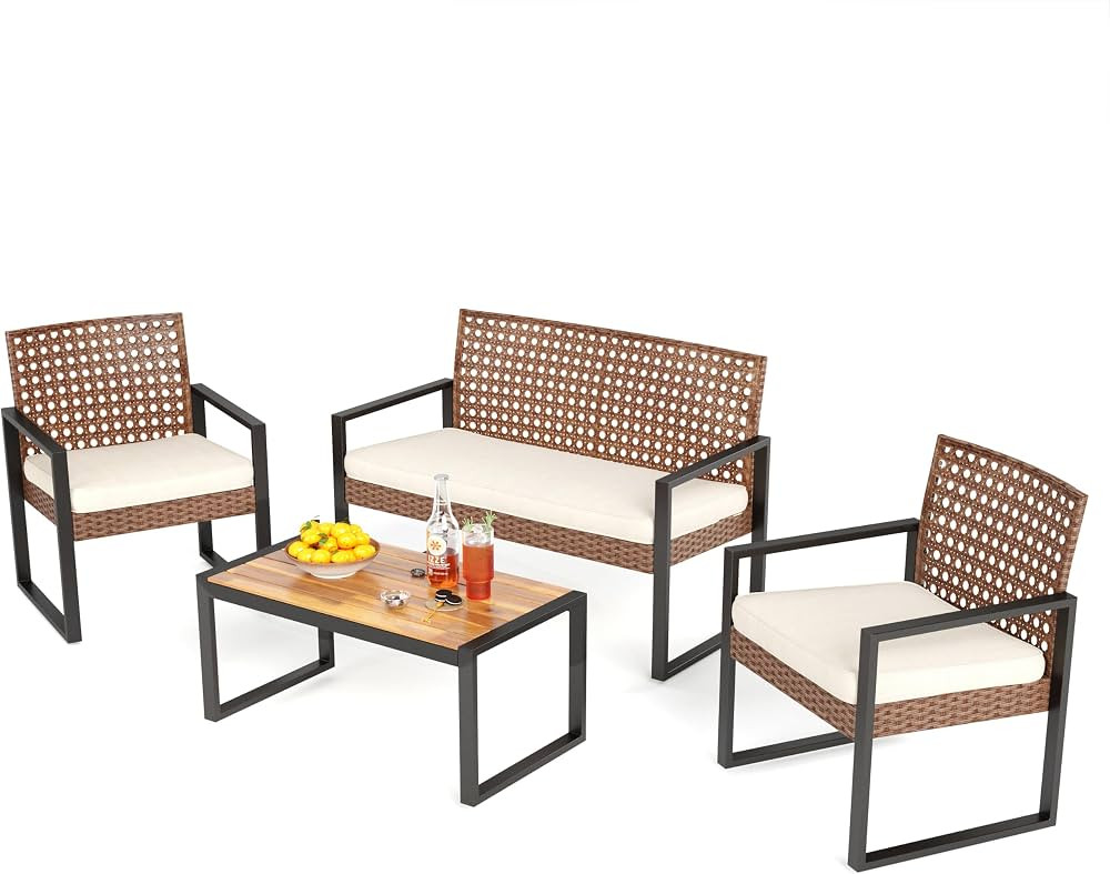 PHI VILLA Patio Wicker Furniture Set for 4, Brown Rattan Loveseat & Chairs with Beige Cushions & ... | Amazon (US)