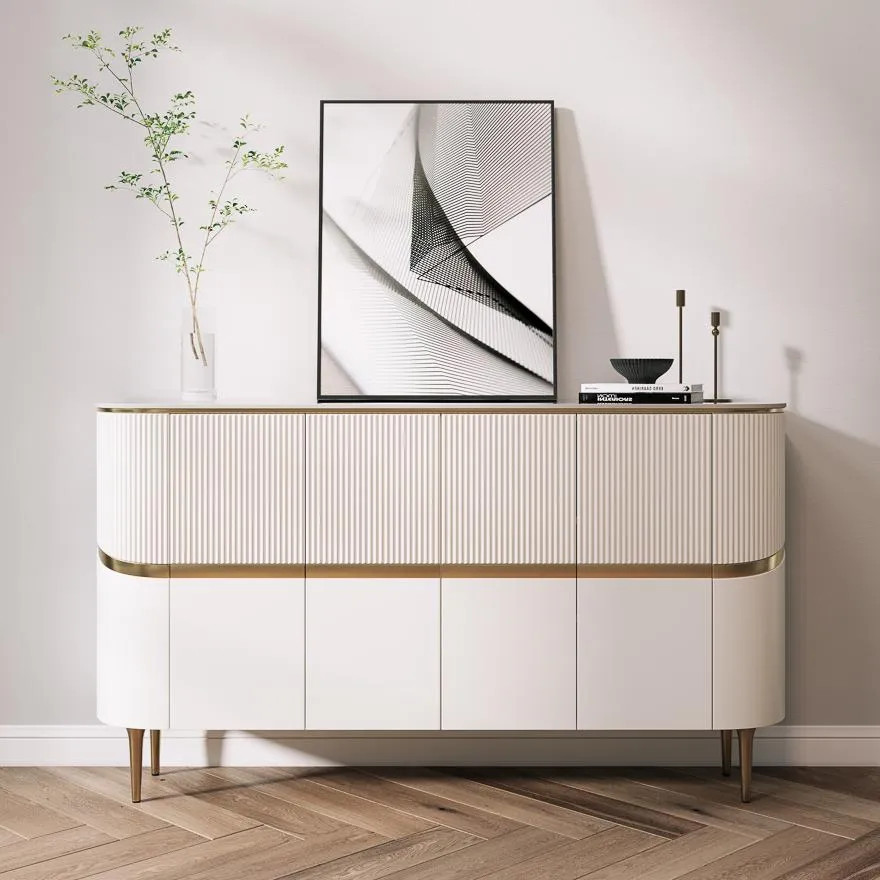 Modern Luxury Credenza White Sideboard Buffet Cabinet with Sintered Stone Table Top, Fluted Golde... | POVISON