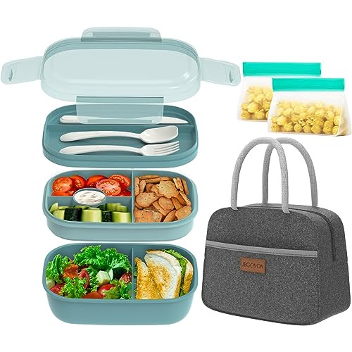 JBGOYON® Green Bento box adult Lunch Box with Bag, 3 Stackable Lunch Containers for Kids Adult, Minimalist Design Bento Box Built-in Plastic Utensil Set, Snack Bag, BPA-Free | Amazon (US)