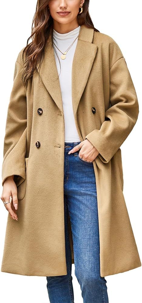 GRACE KARIN 2023 Women Winter Double Breasted Wool Blend Coat Casual Notched Collar Mid Long Pea Tre | Amazon (US)