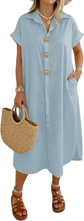 Wenrine Womens Summer Shirt Dress Casual Short Sleeve Button Maxi Dresses Beach Cover Up with Poc... | Amazon (US)