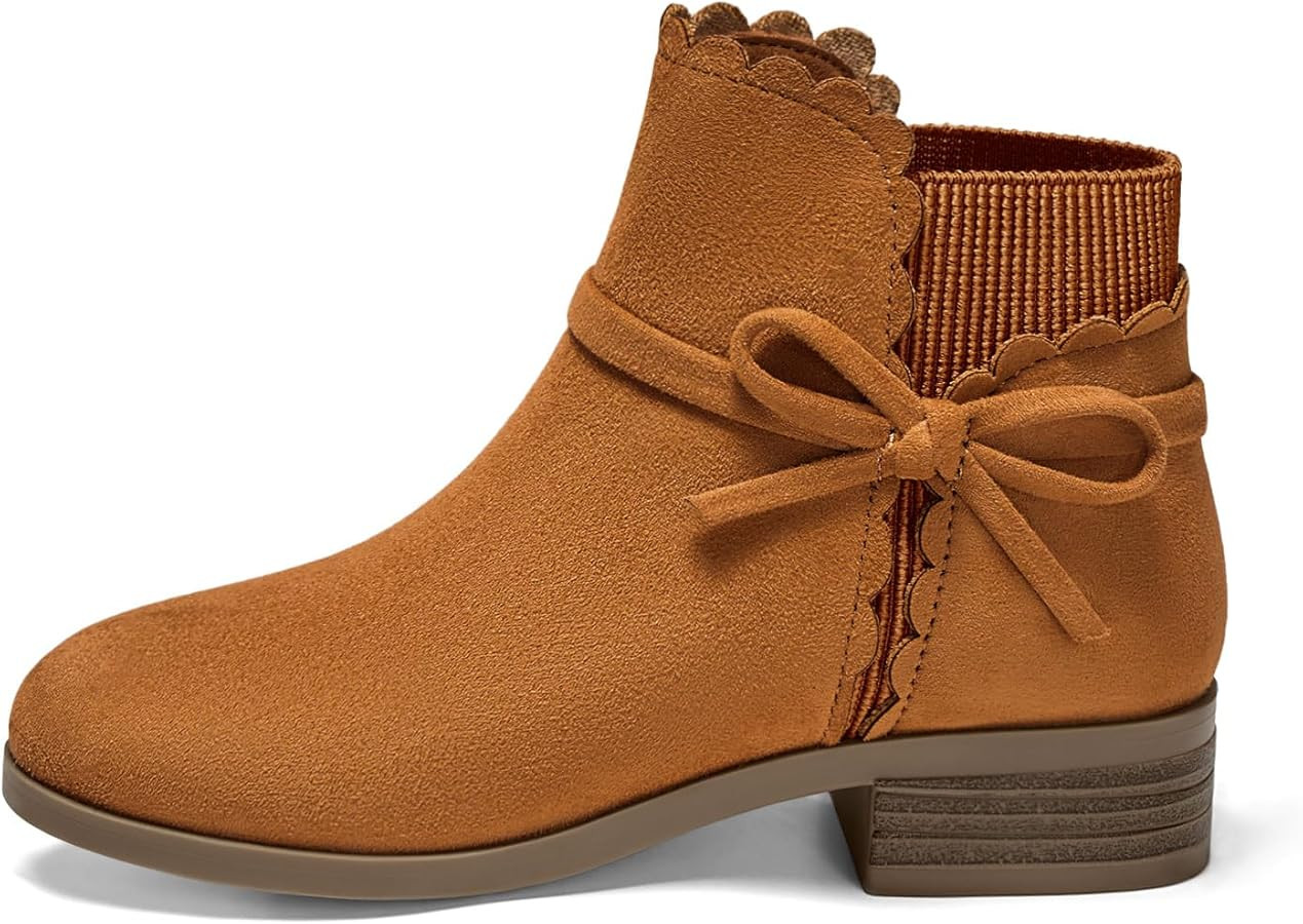 Coutgo Girls Toddler Bow Ankle Boots Pull On Low Chunky Heel Fall Dress Booties Shoes | Amazon (US)