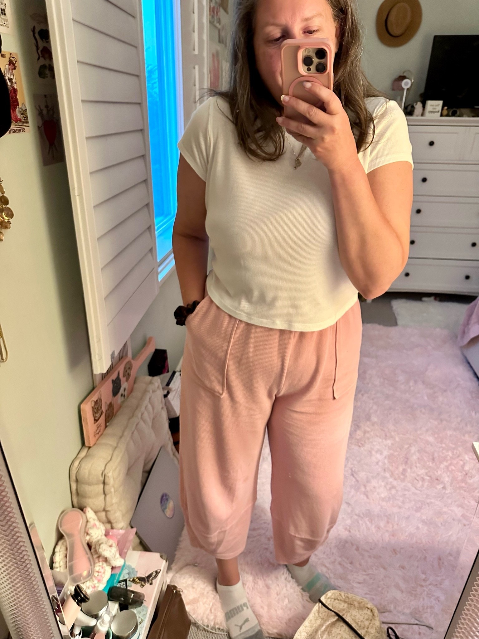 Cozy loungewear that still counts as an outfit. Ribbed baby tee and pink wide leg lounge pants — soft, stretchy, and yes, they have pockets. Comes in more colors.

#LTKootd #LTKMidsize #LTKOver40