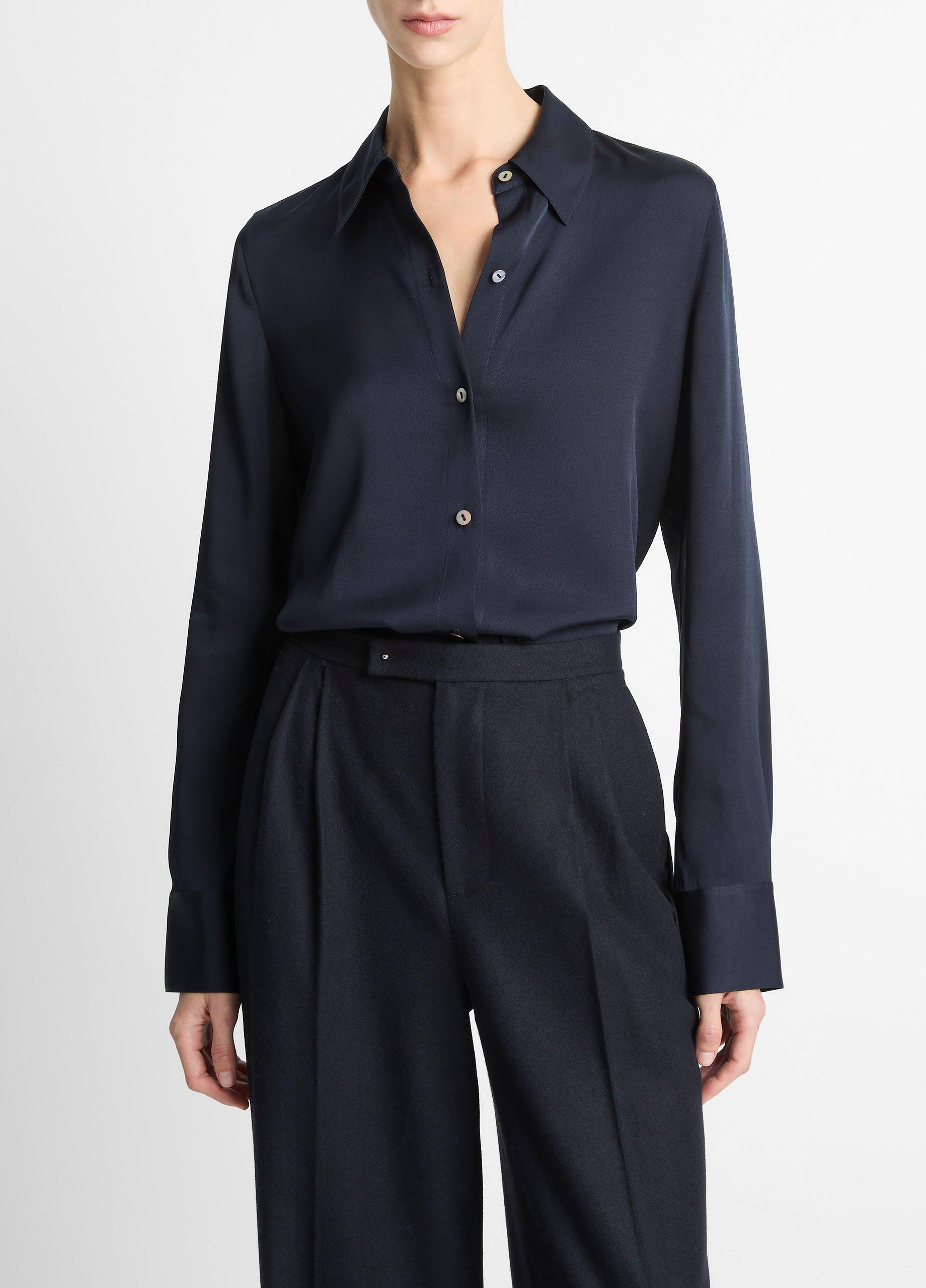 Women's Silk-Blend Slim Button-Front Blouse, Coastal Blue, Size XS Vince | Vince LLC