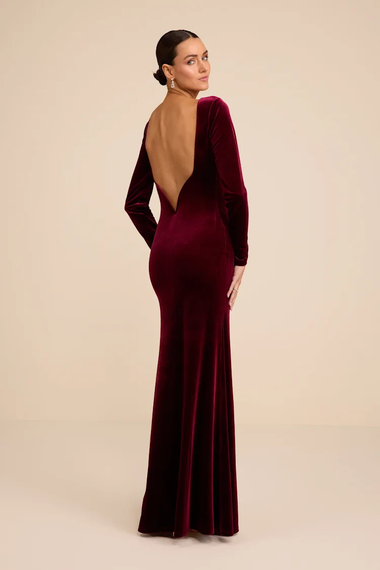 Rabeya Burgundy Velvet Backless Mermaid Maxi Dress | Lulus