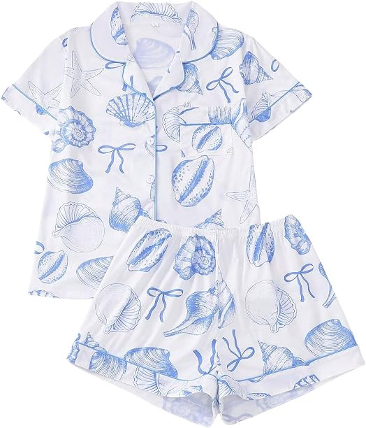 Women's 2 Piece Summer Ocean Print Pajama Sets Starfish Shell Sleepwear Short Sleeve Nightwear So... | Amazon (US)