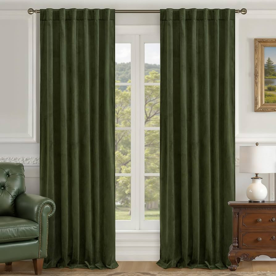 LAMIT 90 Inches Velvet Curtains for Living Room, Olive Green Thermal Insulated Blackout Curtains ... | Amazon (US)