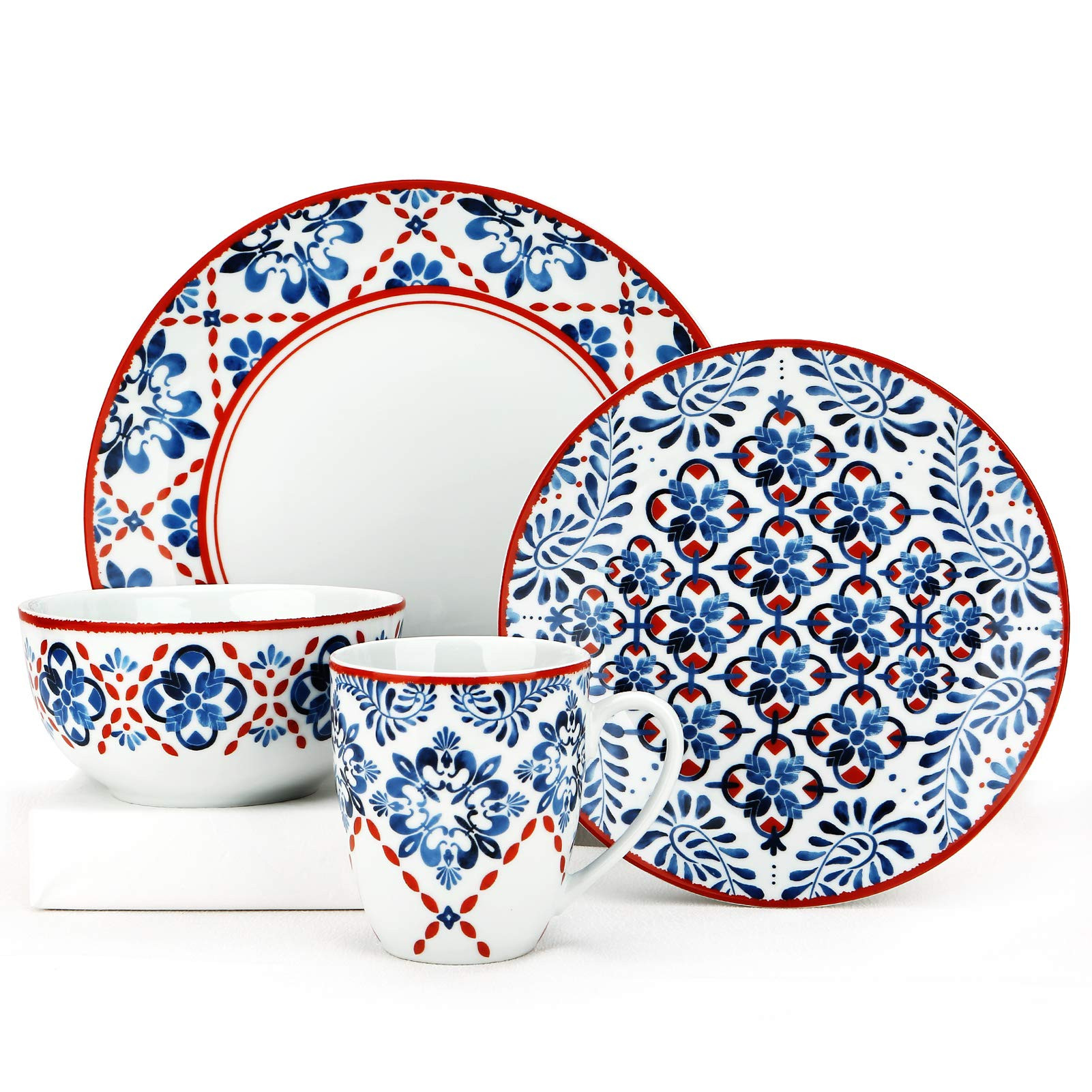 ZYAN 16 Piece Round Dinnerware Sets, Blue and Red Farmhouse Stoneware Dish Sets, Dishwasher Safe Pla | Amazon (US)
