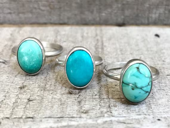 Elegant Solitaire Veined Oval Turquoise Sterling Silver Ring | Boho | Rocker | Turquoise Ring | S... | Etsy (US)