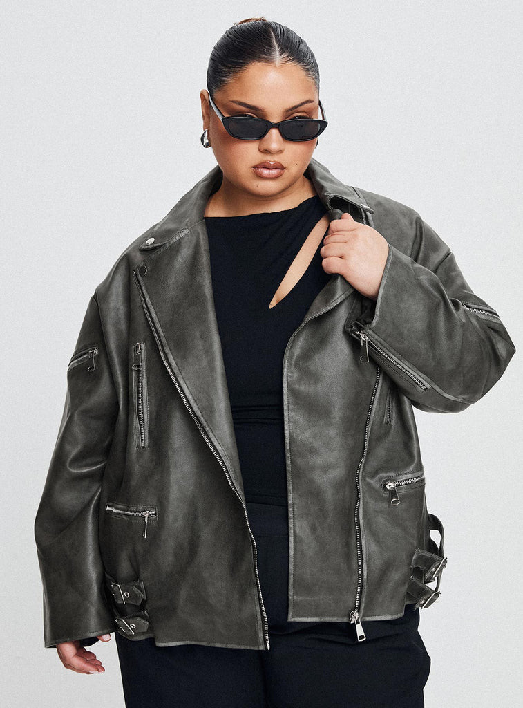 Magnets Faux Leather Jacket Washed Charcoal Curve | Princess Polly US