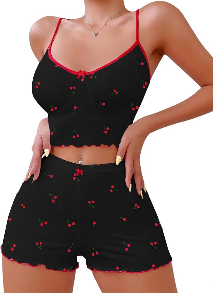 Hilinker Womens Graphic Print Ribbed PJ Set Crop Cami Tops and Shorts Cute Pajamas Set | Amazon (US)