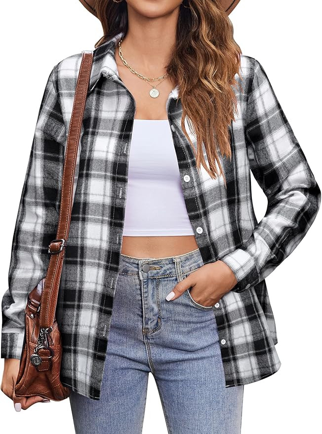 Zeagoo Flannel Shirt Women Button Down Long Sleeve Plaid Shirts Collared 2024 Casual Work Tops S-... | Amazon (US)