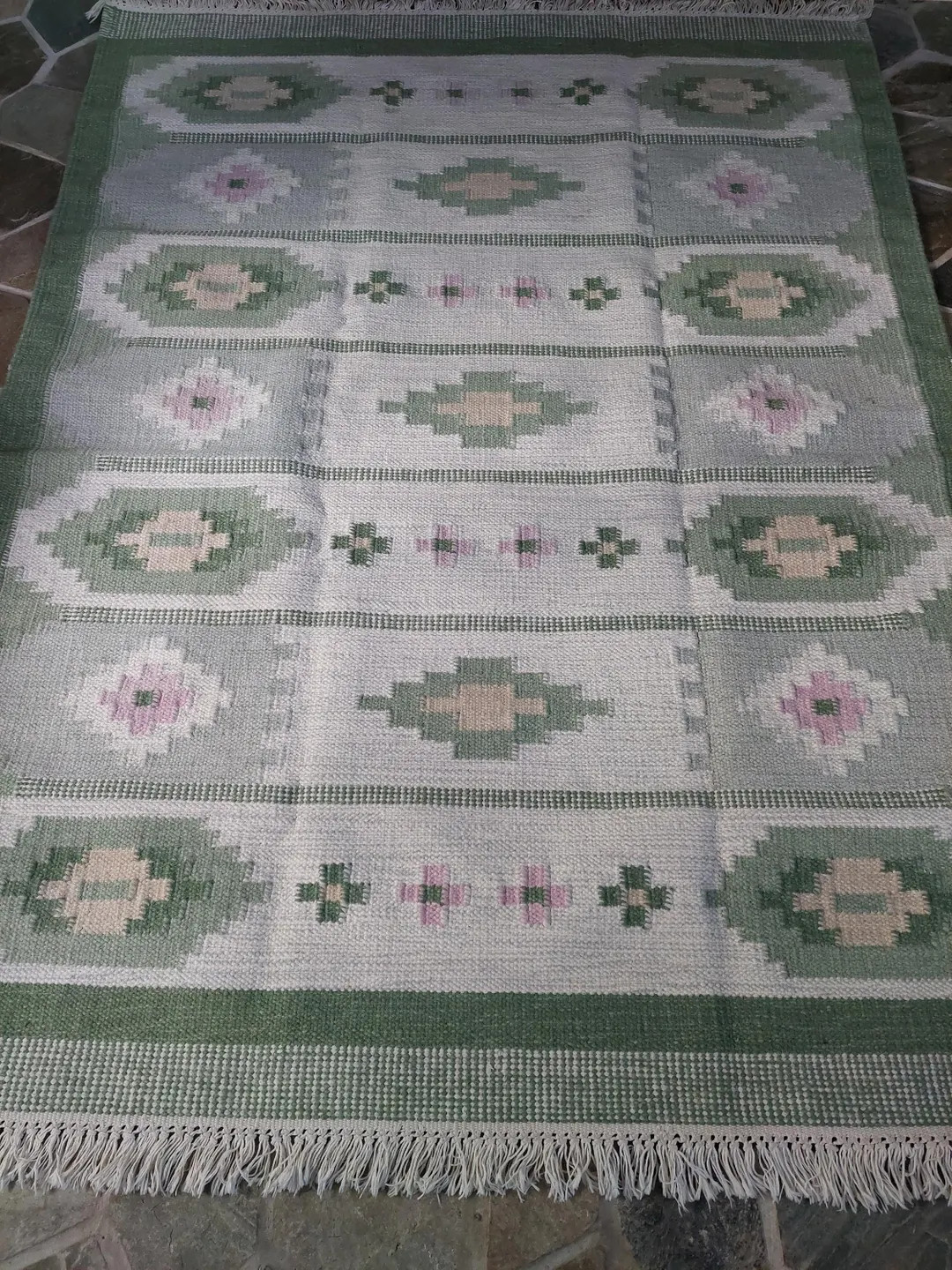 Swedish Röllakan Vintage Handwoven Rug With Geometric Pattern Large Green Design Wool Rug 143188... | Etsy (US)