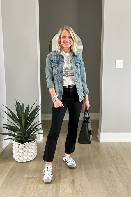 Denim jacket and black jeans with a graphic tee is a great look for spring! 
Shirt- xs
Jacket- xs
Jeans- small/regular (jeans have been cut to get this length) 
Shoes- 7 (size down half size) 

#LTKfindsunder100 #LTKSeasonal #LTKstyletip