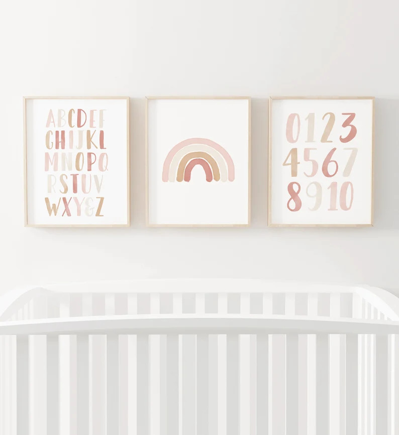 Neutral Rainbow Wall Art Set of 3 Prints, Neutral Alphabet and Numbers Posters, Printable Wall Ar... | Etsy (US)