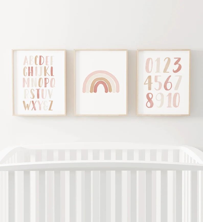 Neutral Rainbow Wall Art Set of 3 Prints, Neutral Alphabet and Numbers Posters, Printable Wall Ar... | Etsy (US)