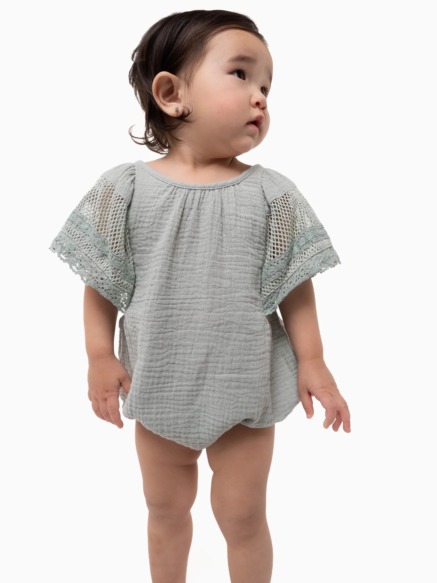 Modern Moments By Gerber Baby Girl Cotton Romper with Lace Sleeves, Sizes 0/3 Months - 24 Months ... | Walmart (US)