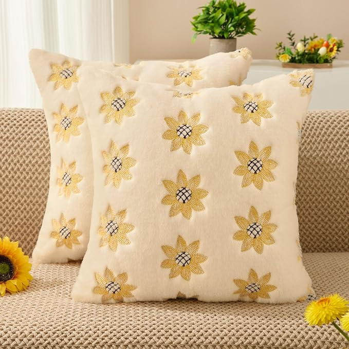 Spring Summer Pillow Covers 18x18 inch Set of 2 Farmhouse Decor Yellow Embroidery Sunflower Beige... | Amazon (US)