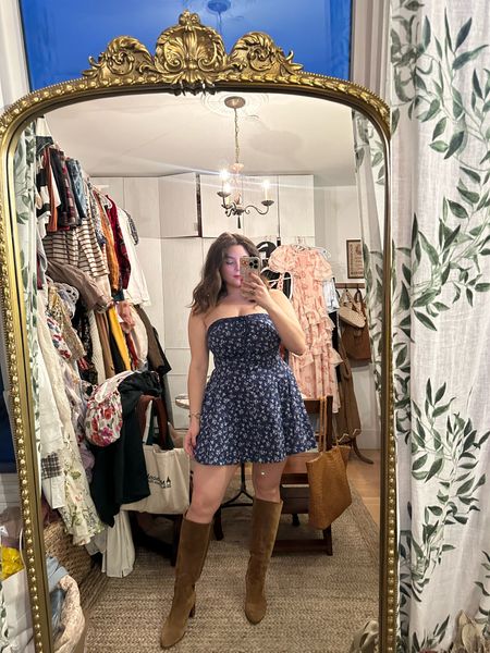 Blue floral strapless dress from urban outfitters! Has a corset back to adjust the waist. Wearing a size L available in two other colors

Tall suede boots from sezane 

#LTKstyletip #LTKparties #LTKmidsize