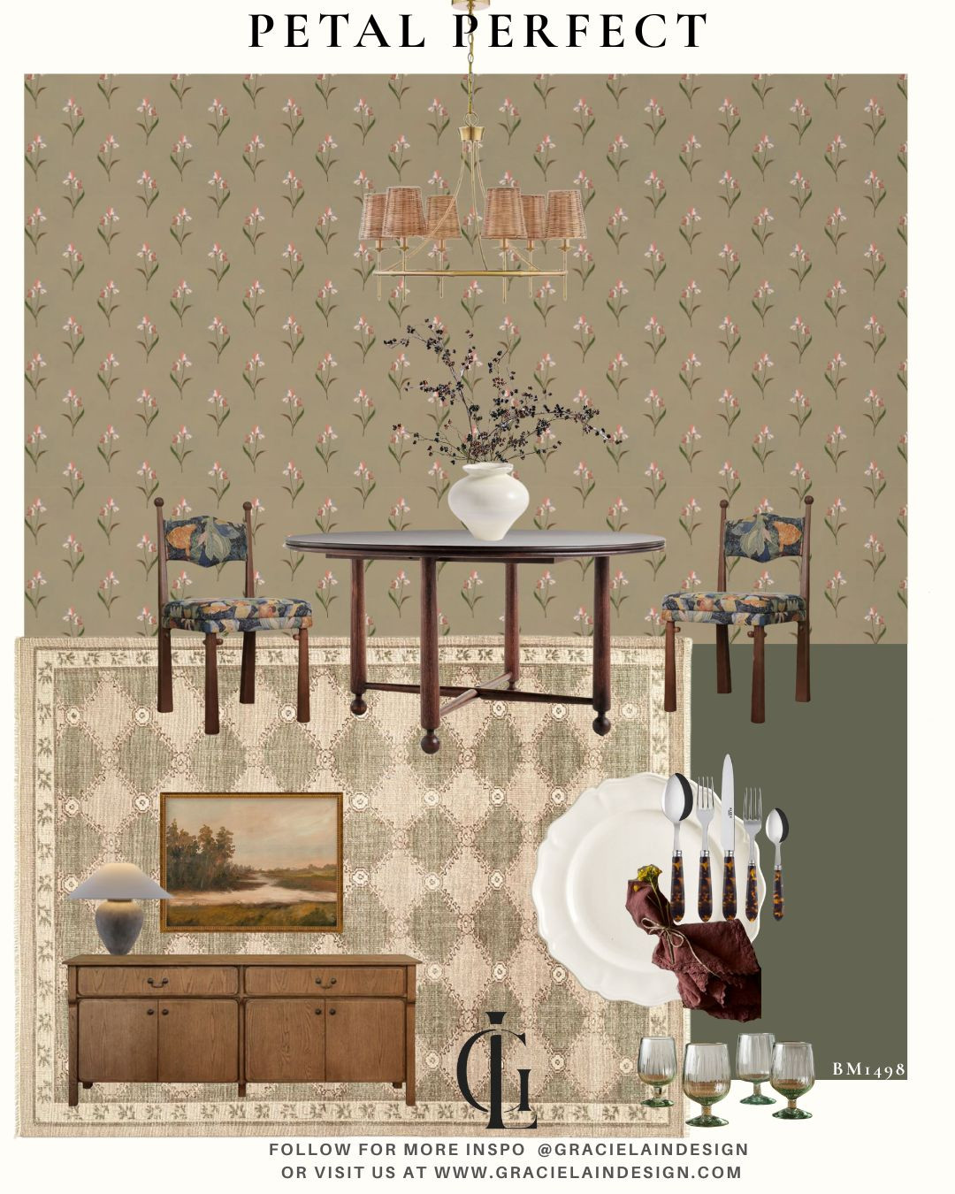 Petal-perfect and effortlessly chic 🌸✨—this dining space is a love letter to art, comfort, and connection. Featuring Chasing Paper's latest collaboration, artist Anee Shah's muted floral wallpaper sets a soft, romantic tone against beautiful oak furniture, playful upholstered chairs, and a classic brass chandelier with woven shades that cast the coziest glow. Every detail—from the layered textures to the artful table setting—creates an elevated casual dining experience that feels both refined and inviting.

Because when style meets soul, dining becomes art. 🎨🍽️
See more design inspiration at gracielaindesign.com
 💫

#DiningGoals #PetalPerfect #AneeShahxChasingPaper #ElevatedCasualDining #ArtInspiredInteriors #MutedFlorals #CozyChic #OakFurniture #BrassDetails #InteriorInspo #GracielainDesign #TableSettingInspo #DesignThatFeelsGood 

 #LTKHome #LTKSaleAlert #LTKStyleTip
