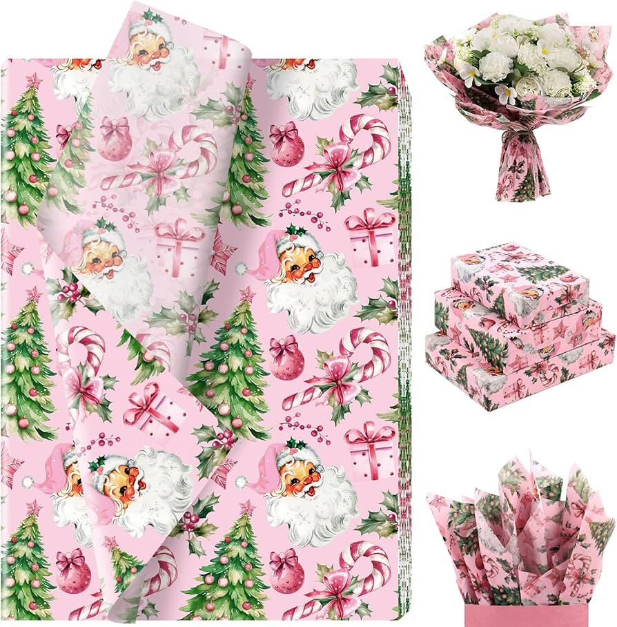 100 Sheets Pink Santa Tissue Paper, Santa Claus Xmas Tree Berries Bell Patterns Decorative Art Pa... | Amazon (US)