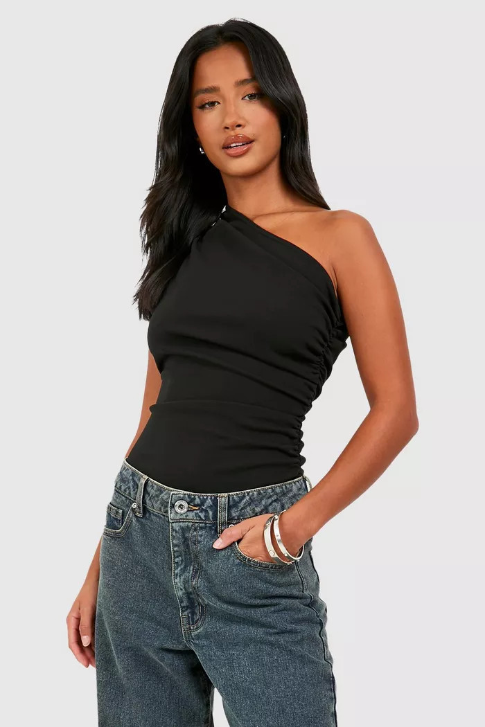 Black Petite Ruched Asymmetric Neck Bodysuit | Boohoo.com (UK & IE)