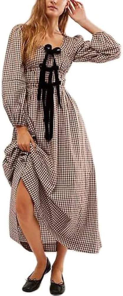 Womens Floral Embroidered Dress Boho Checkered Long Puff Sleeve Flowy Dress Square Neck Ruffle Sm... | Amazon (US)