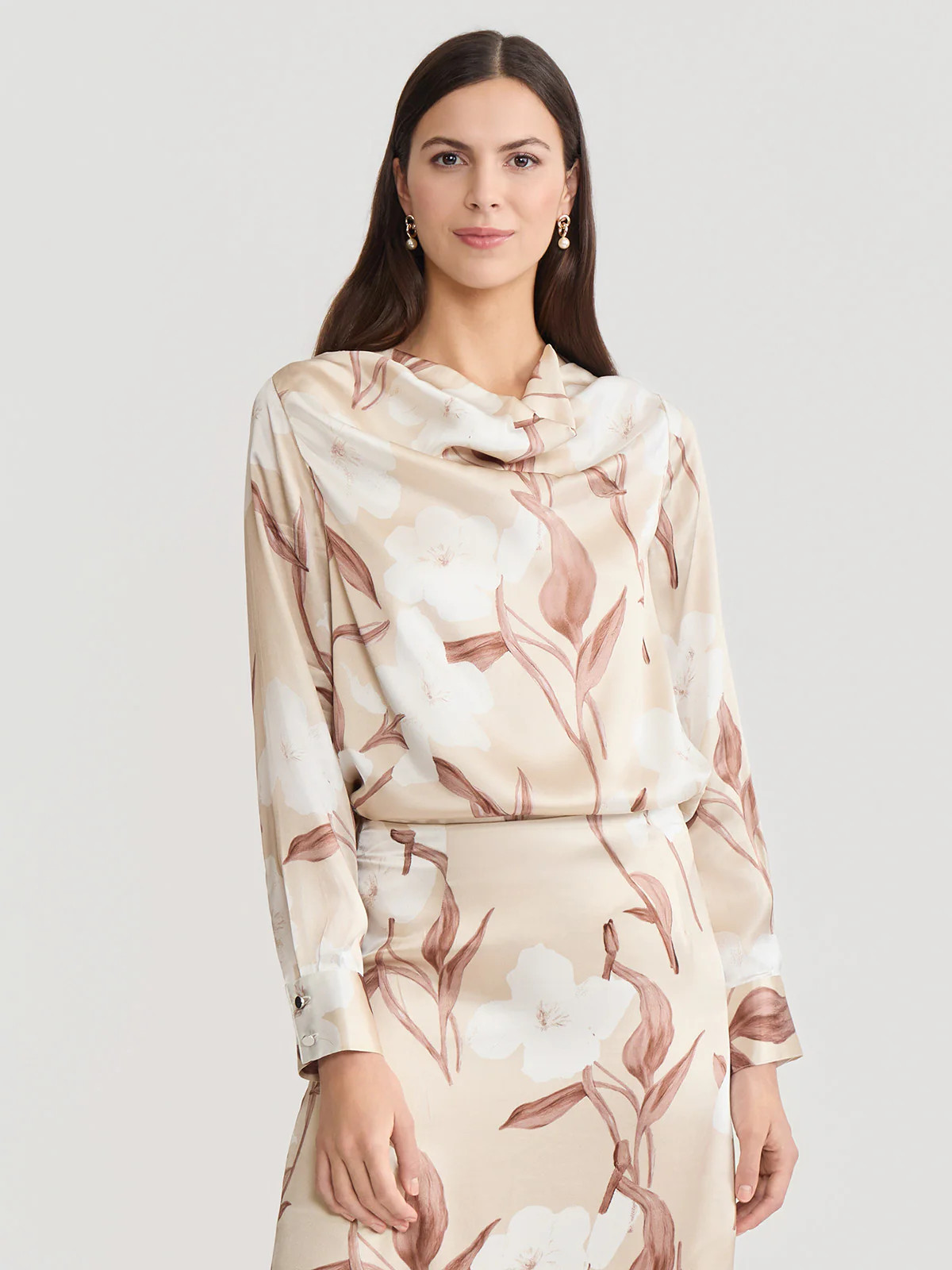 Draped Neck Floral Print Silk Blouse | Misook