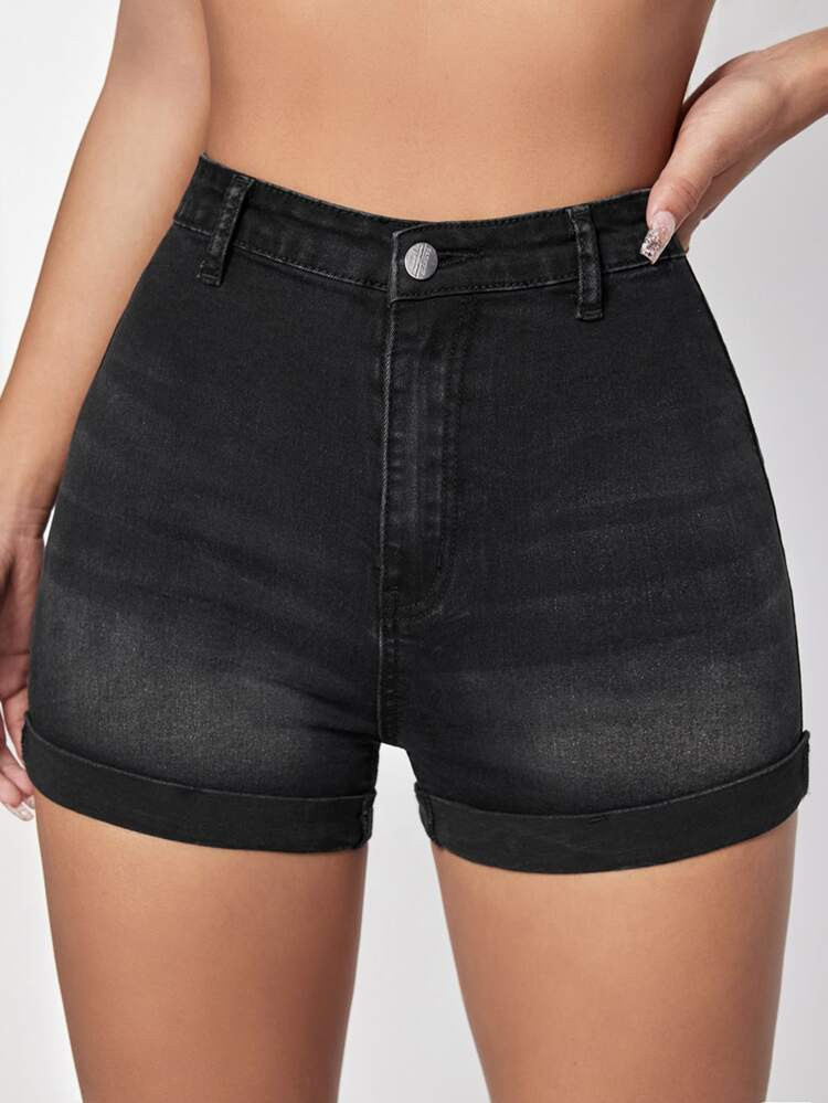 High Waist Roll Hem Denim Shorts | SHEIN