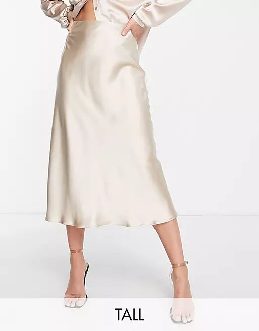 Flounce London Tall oversized shirt and midi skirt in mink satin - part of a set | ASOS (Global)