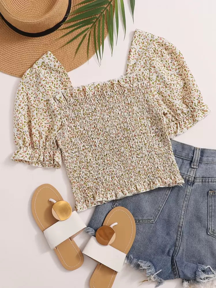 SHEIN Holidaya Ditsy Floral Frill Shirred Blouse | SHEIN