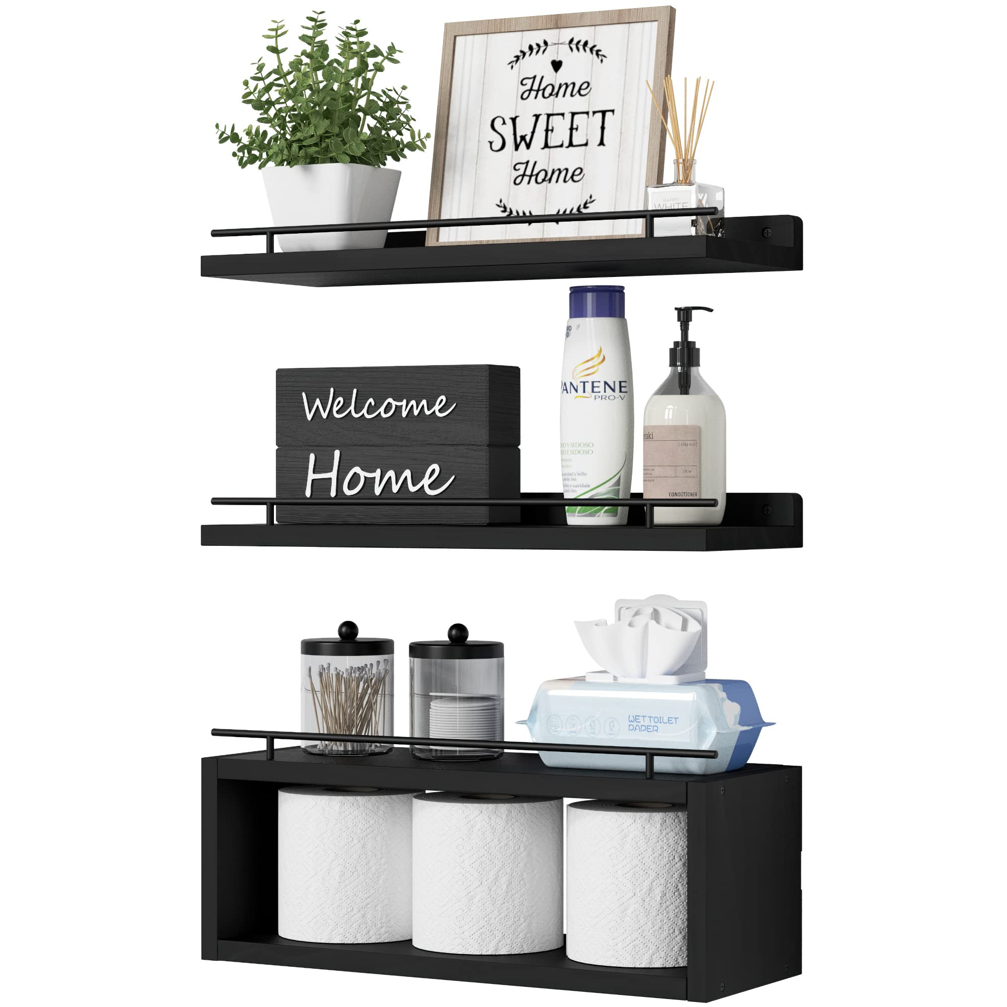 WOPITUES Floating Shelves for Wall with Cube Shelf, Wall Shelves with Metal Rail for Bathroom Dec... | Amazon (US)