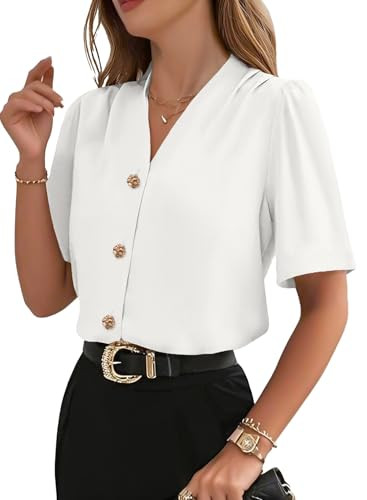 EVALESS Blouses for Women Dressy Casual Summer Short Sleeve Button Down Shirts Business Work Tops Trendy 2026 White S | Amazon (US)