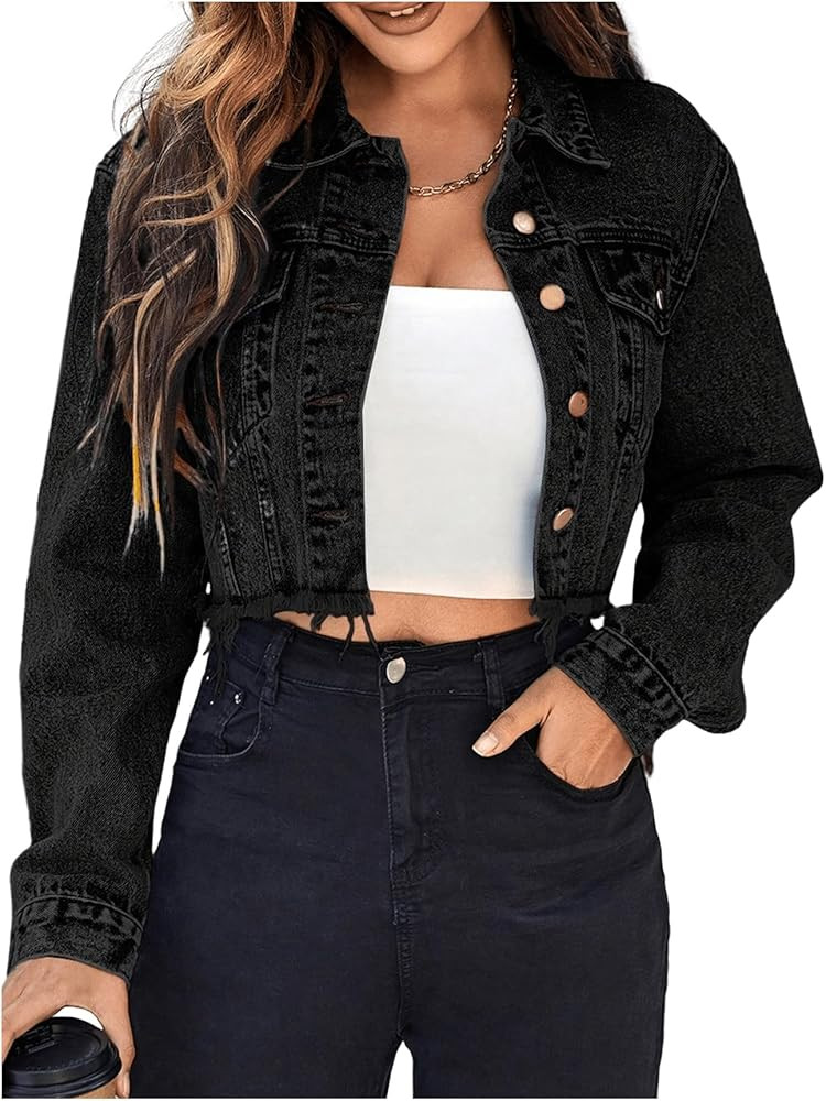 Floerns Women's Raw Hem Long Sleeve Button Down Pocket Cropped Denim Jean Jacket | Amazon (US)