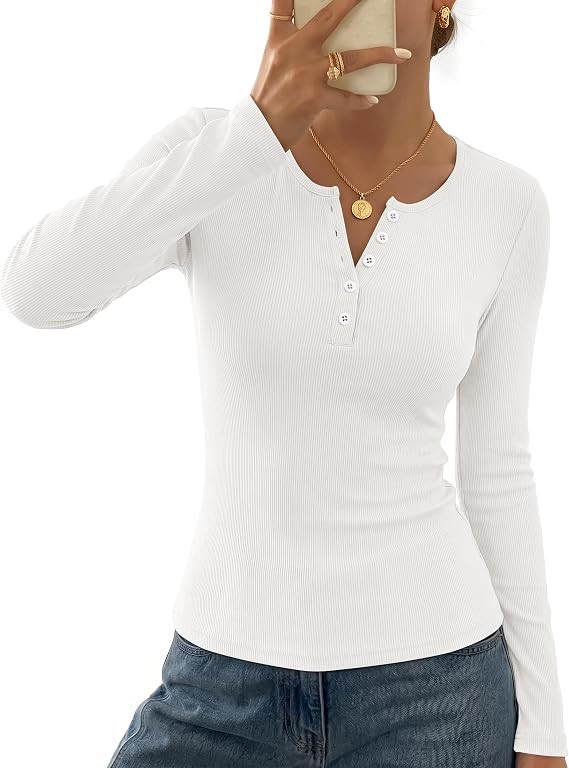 MEROKEETY Womens Striped Long Sleeve Shirts Fall Trendy Henley Tops | Ribbed Knit, Slim Fit, Ligh... | Amazon (US)