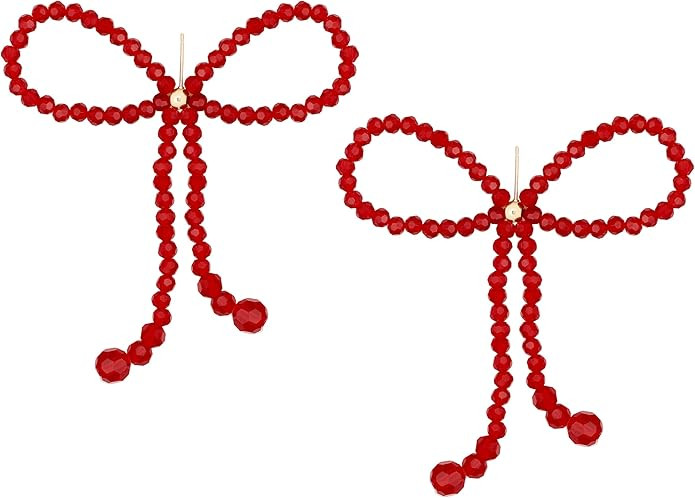 Deep Red Chunky Bead Bow Coquette Dangle Earrings Jewelry for Women, Bow Old Money Beaded Stud Ea... | Amazon (US)