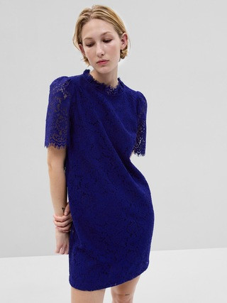Puff Sleeve Ruffle Neck Lace Mini Dress | Gap (US)