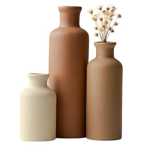 Modern Ceramic Vase Set of 3, Neutral Colors, Decorative Bottles for Home, Earth Tone Farmhouse Rustic Decor, Housewarming Gifts, Wedding Gifts, Birthday Gifts for Women(Coffee Mix) | Amazon (US)
