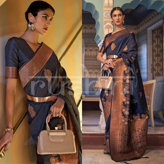 Navy Blue BANARASI TUSSAR SILK Copper Zari Weaving Saree With - Etsy | Etsy (US)