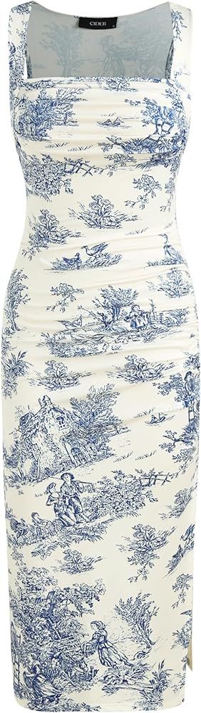 Maxi Dress Summer Dresses for Women 2024 White Dress Toile De Jouy Ruched Split Maxi | Amazon (US)